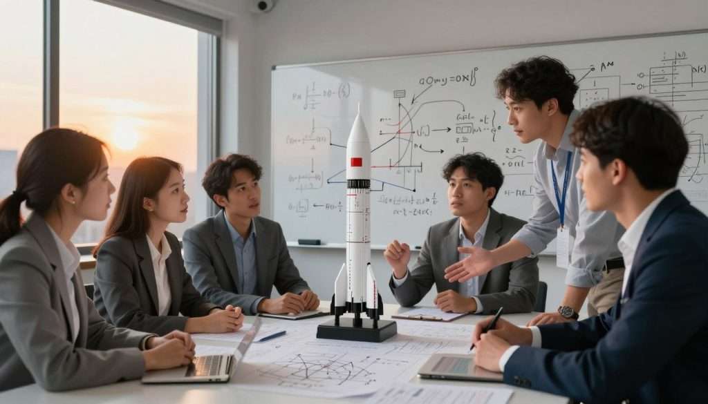 An intricate workspace filled with technical diagrams and mathematical formulas, representing analytical thinking skills. In the foreground, a diverse group of individuals in professional attire—two men and a woman—are engaged in a collaborative discussion, examining a 3D model of a rocket. The middle ground features a large whiteboard filled with complex equations and flowcharts, emphasizing the deconstruction of complexity. The background showcases a window with a sunset casting warm light into the room, creating a focused and inspiring atmosphere. Soft shadows enhance the depth of the scene, capturing the essence of thoughtful analysis and teamwork in a modern office setting. The image should evoke a sense of innovation, curiosity, and intellectual rigor.