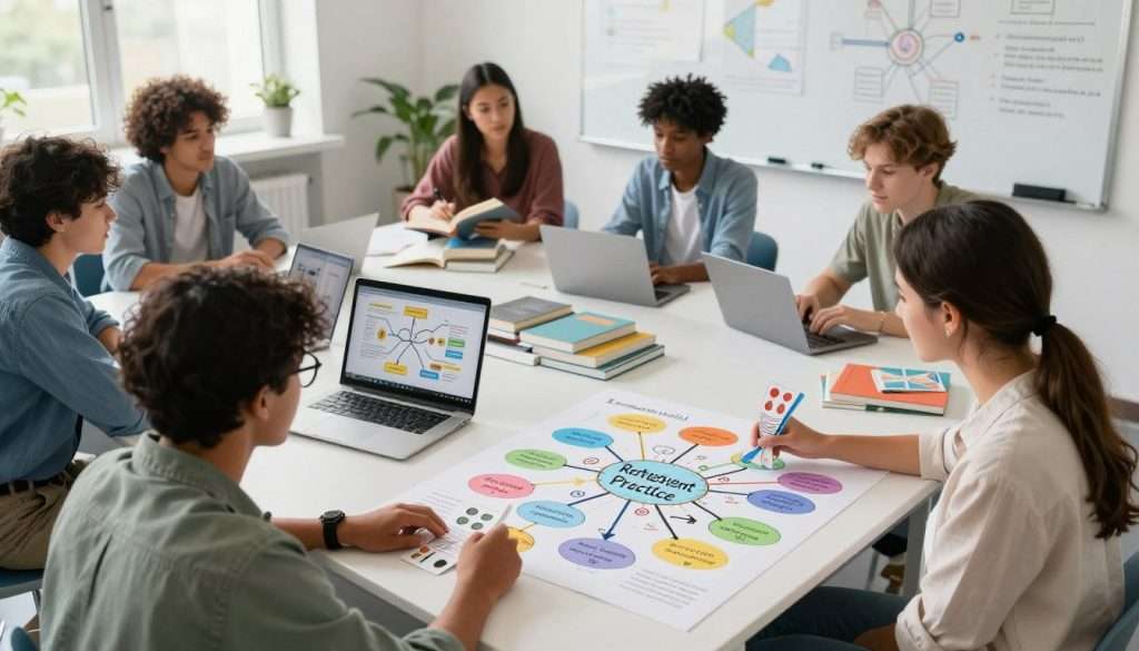 A bright and open modern classroom setting, featuring diverse students engaged in various advanced learning strategies. In the foreground, a student with glasses consults a colorful mind map filled with interconnected ideas and concepts, symbolizing retrieval practice. Nearby, another student uses flashcards to quiz themselves. The middle ground showcases a collaborative group discussing and brainstorming, surrounded by books and digital devices displaying visual aids on complex subjects. The background features a large whiteboard with diagrams and notes. Soft, natural lighting illuminates the scene, creating an inviting and focused atmosphere. Capture the image from a slightly elevated angle to convey a sense of engagement and activity, emphasizing the dynamic process of learning through innovative strategies.