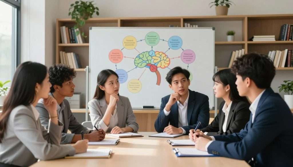 A bright, modern learning environment illustrating the concept of metacognition and enhancing learning outcomes. In the foreground, a diverse group of four students, two males and two females, are engaged in thoughtful discussion around a large table, all dressed in professional business attire. Their expressions reflect focus and insight. In the middle ground, a large whiteboard displays colorful diagrams illustrating neural pathways and cognitive strategies, symbolizing the process of thinking about thinking. The background features shelves filled with books and plants, creating a warm and inviting atmosphere. The lighting is soft and natural, streaming through large windows, casting gentle shadows. The overall mood is inspiring, emphasizing collaboration and intellectual growth.