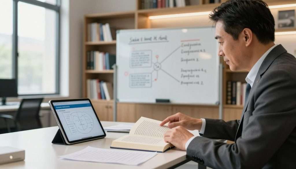A bright, modern office setting with warm, natural lighting filtering through large windows. In the foreground, a focused individual in professional attire sits at a sleek desk, surrounded by open books, notes, and a digital tablet displaying reading speed techniques. The person, a middle-aged Asian male, is demonstrating a speed-reading technique, with their finger following along a line of text in a book. In the middle ground, a whiteboard filled with diagrams and bullet points on reading strategies, illuminated by soft LED lights. The background features bookshelves filled with various educational titles, creating an atmosphere of empowerment and productivity. The overall mood is inspiring and dynamic, emphasizing focus and learning in a professional environment.