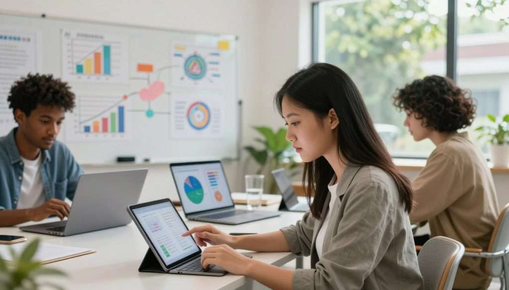 A bright, modern study space featuring diverse students collaborating with digital devices. In the foreground, a young woman of Asian descent, wearing professional casual attire, peers at a tablet screen, her face lit by the device's glow, displaying a tutoring app. Beside her, a Black male student gestures towards a laptop, showcasing vibrant graphs and notes, emphasizing peer interaction. In the middle ground, a large whiteboard is filled with colorful diagrams and AI-related concepts. The background features a sunny window with greenery outside, creating an inviting atmosphere. Soft, natural lighting enhances the scene, casting gentle shadows that evoke a sense of teamwork and innovation in learning. The mood is energetic and focused, perfect for a setting of collaborative learning. A bright, modern study space featuring diverse students collaborating with digital devices. In the foreground, a young woman of Asian descent, wearing professional casual attire, peers at a tablet screen, her face lit by the device's glow, displaying a tutoring app. Beside her, a Black male student gestures towards a laptop, showcasing vibrant graphs and notes, emphasizing peer interaction. In the middle ground, a large whiteboard is filled with colorful diagrams and AI-related concepts. The background features a sunny window with greenery outside, creating an inviting atmosphere. Soft, natural lighting enhances the scene, casting gentle shadows that evoke a sense of teamwork and innovation in learning. The mood is energetic and focused, perfect for a setting of collaborative learning.