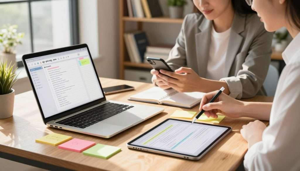 A bright, modern workspace filled with digital note-taking tools. In the foreground, a sleek laptop displays an organized note-taking application open next to a tablet with a stylus poised above it. Colorful digital sticky notes are scattered around. In the middle ground, a professional, focused individual in business casual attire uses their smartphone to capture important information, sitting at a wooden desk surrounded by soft sunlight filtering through large windows. The background features shelves lined with books and potted plants, creating a warm, inviting atmosphere. The scene conveys an energizing sense of productivity and efficiency, with bright lighting highlighting the tools. The angle captures a dynamic view of the workspace, inviting viewers into the flow of organized note-taking. A bright, modern workspace filled with digital note-taking tools. In the foreground, a sleek laptop displays an organized note-taking application open next to a tablet with a stylus poised above it. Colorful digital sticky notes are scattered around. In the middle ground, a professional, focused individual in business casual attire uses their smartphone to capture important information, sitting at a wooden desk surrounded by soft sunlight filtering through large windows. The background features shelves lined with books and potted plants, creating a warm, inviting atmosphere. The scene conveys an energizing sense of productivity and efficiency, with bright lighting highlighting the tools. The angle captures a dynamic view of the workspace, inviting viewers into the flow of organized note-taking.