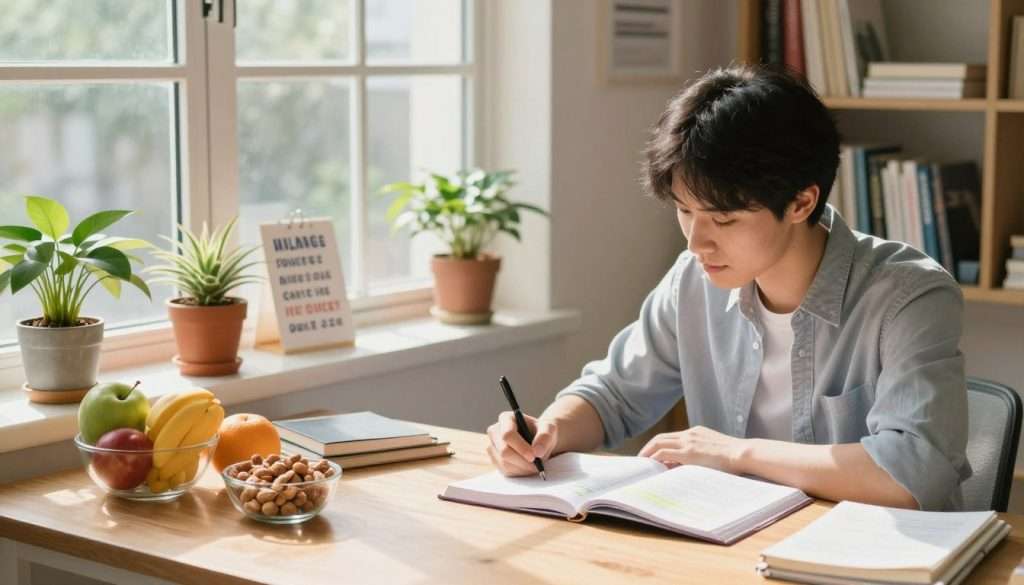 A bright, serene study space filled with natural light filtering through large windows. In the foreground, a focused student in professional casual attire takes notes at a wooden desk, surrounded by healthy snacks like fresh fruits and nuts. In the middle ground, colorful potted plants and motivational posters enhance the atmosphere, while an open textbook with highlighted sections reflects diligence and preparation. The background reveals a cozy bookshelf filled with academic texts and a calm, organized environment that promotes concentration. The lighting is warm and inviting, emphasizing a positive and hopeful mood, ideal for fostering cognitive performance and wellness during exam preparation. The angle is slightly elevated, capturing both the student’s engagement and the well-arranged study setting.