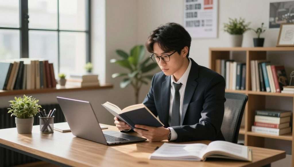 A busy professional in a stylish office setting, seated at a modern desk surrounded by bookshelves filled with various books. The person, dressed in smart business attire, is multitasking: reading a book while glancing at their laptop screen. Natural light filters through large windows, casting a warm glow across the room, creating a cozy yet productive atmosphere. Potted plants and motivational posters adorn the background, enhancing the inspiring vibe. The camera angle is slightly above eye level, focusing on the individual’s engaged expression as they balance work and reading, symbolizing the integration of literature into a hectic schedule. Overall, the scene conveys motivation, focus, and the importance of continuous learning amidst a busy professional life. A busy professional in a stylish office setting, seated at a modern desk surrounded by bookshelves filled with various books. The person, dressed in smart business attire, is multitasking: reading a book while glancing at their laptop screen. Natural light filters through large windows, casting a warm glow across the room, creating a cozy yet productive atmosphere. Potted plants and motivational posters adorn the background, enhancing the inspiring vibe. The camera angle is slightly above eye level, focusing on the individual’s engaged expression as they balance work and reading, symbolizing the integration of literature into a hectic schedule. Overall, the scene conveys motivation, focus, and the importance of continuous learning amidst a busy professional life.