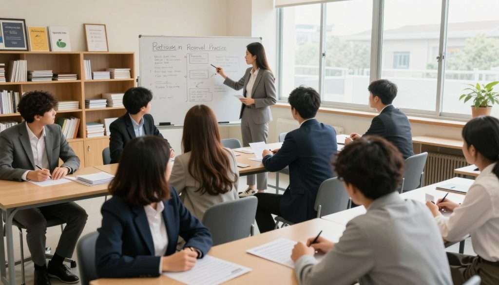 A classroom scene depicting various self-assessment methods in an educational setting. In the foreground, a diverse group of students, dressed in professional business attire, actively participates in a retrieval practice activity, such as a quiz or flashcard session. In the middle ground, a whiteboard features handwritten notes or diagrams illustrating key concepts, emphasizing interaction and engagement. The background shows shelves filled with educational materials, and large windows allow natural light to flood the room, creating an inviting atmosphere. Use a slightly elevated angle to capture the dynamics of the classroom, with soft, warm lighting to evoke a sense of focus and collaboration among the students. The overall mood should be motivating and academically stimulating, showcasing the effectiveness of active learning techniques.