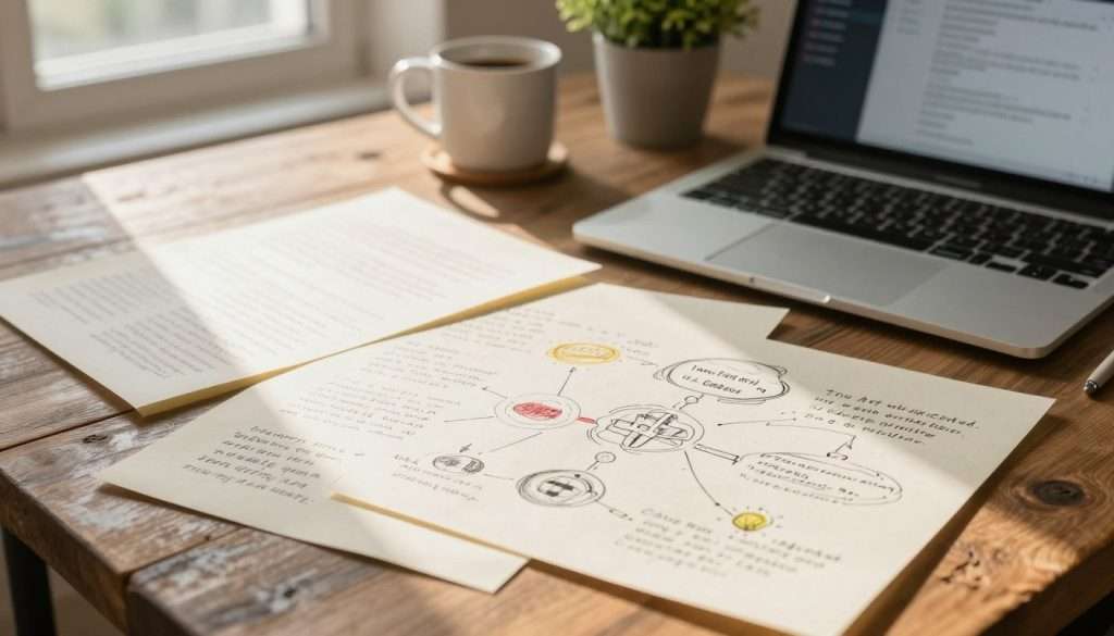 A close-up view of handwritten notes spread across a rustic wooden table, with a mix of colorful ink on crisp, cream-colored paper. In the foreground, there are detailed sketches and mind maps intermingled with text, showcasing ideas that are well-organized yet creatively expressed. Nearby, a sleek modern laptop displays an open workflow application, hinting at digital integration with the notes. Soft natural light streams in from a nearby window, illuminating the scene with a warm glow and casting gentle shadows. In the background, a potted plant adds a touch of life, and a coffee mug sits invitingly, contributing to a calm, productive atmosphere. The image conveys a blend of traditional note-taking with a contemporary digital touch, emphasizing creativity and organization. A close-up view of handwritten notes spread across a rustic wooden table, with a mix of colorful ink on crisp, cream-colored paper. In the foreground, there are detailed sketches and mind maps intermingled with text, showcasing ideas that are well-organized yet creatively expressed. Nearby, a sleek modern laptop displays an open workflow application, hinting at digital integration with the notes. Soft natural light streams in from a nearby window, illuminating the scene with a warm glow and casting gentle shadows. In the background, a potted plant adds a touch of life, and a coffee mug sits invitingly, contributing to a calm, productive atmosphere. The image conveys a blend of traditional note-taking with a contemporary digital touch, emphasizing creativity and organization.
