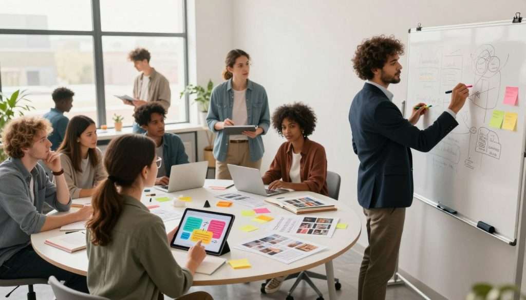 A collaborative workspace featuring a diverse group of professionals engaged in visual learning. In the foreground, a woman in smart casual attire examines a colorful infographic on a tablet, illustrating key concepts of dual coding. Beside her, a man in a suit sketches diagrams on a whiteboard, using vibrant markers. In the middle ground, a round table is scattered with sticky notes, textbooks, and visual aids that integrate text and images. The background showcases a bright, modern office with large windows letting in natural light, creating an inviting atmosphere. The lighting is warm and soft, emphasizing a productive and creative mood. Capture a wide-angle perspective that conveys teamwork and the synergy between words and visuals in the learning process. A collaborative workspace featuring a diverse group of professionals engaged in visual learning. In the foreground, a woman in smart casual attire examines a colorful infographic on a tablet, illustrating key concepts of dual coding. Beside her, a man in a suit sketches diagrams on a whiteboard, using vibrant markers. In the middle ground, a round table is scattered with sticky notes, textbooks, and visual aids that integrate text and images. The background showcases a bright, modern office with large windows letting in natural light, creating an inviting atmosphere. The lighting is warm and soft, emphasizing a productive and creative mood. Capture a wide-angle perspective that conveys teamwork and the synergy between words and visuals in the learning process.
