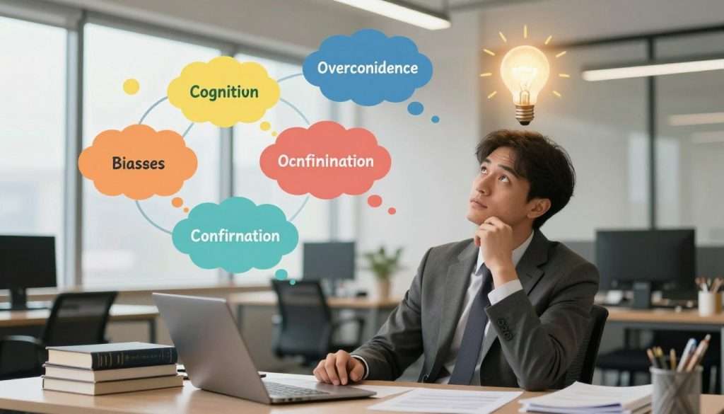 A conceptual illustration representing the interplay between metacognition and cognitive bias, set in a modern office environment. In the foreground, a thoughtful professional in business attire, sitting at a desk cluttered with books and papers about psychology, gazes upward, contemplating their thoughts, with a light bulb glowing above their head symbolizing understanding. The middle ground features abstract shapes and colorful thought bubbles, visually illustrating various cognitive biases like overconfidence and confirmation bias. In the background, large windows allow soft, natural light to illuminate the scene, creating a warm, introspective atmosphere. The composition is balanced and harmonious, inviting viewers to reflect on their own self-perception and decision-making processes. The mood is intellectually stimulating and reflective, encouraging deeper thought without distractions or text overlays. A conceptual illustration representing the interplay between metacognition and cognitive bias, set in a modern office environment. In the foreground, a thoughtful professional in business attire, sitting at a desk cluttered with books and papers about psychology, gazes upward, contemplating their thoughts, with a light bulb glowing above their head symbolizing understanding. The middle ground features abstract shapes and colorful thought bubbles, visually illustrating various cognitive biases like overconfidence and confirmation bias. In the background, large windows allow soft, natural light to illuminate the scene, creating a warm, introspective atmosphere. The composition is balanced and harmonious, inviting viewers to reflect on their own self-perception and decision-making processes. The mood is intellectually stimulating and reflective, encouraging deeper thought without distractions or text overlays.