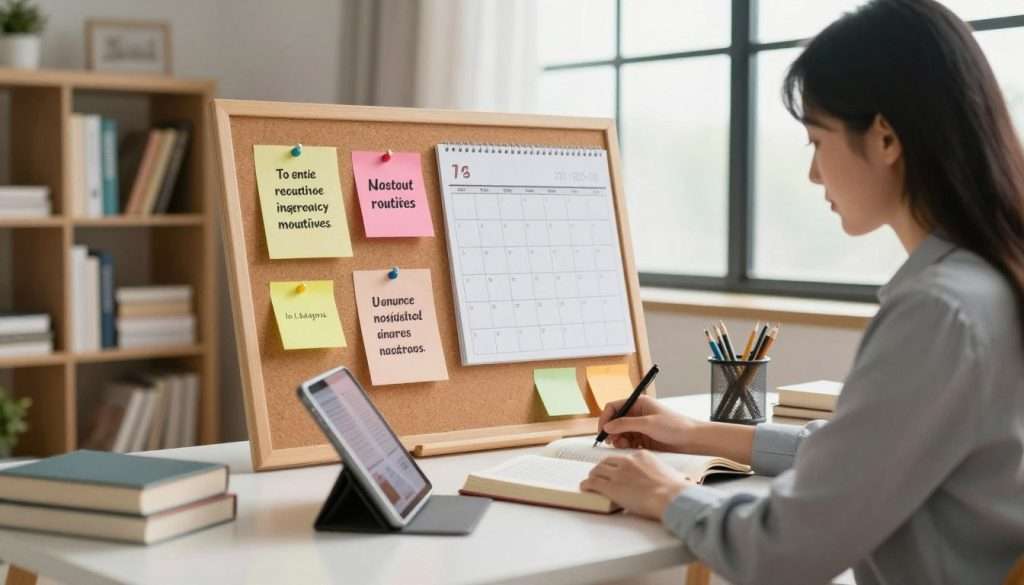 A cozy home office scene illustrating learning techniques for integrating new skills into daily routines. In the foreground, a focused adult in professional attire is seated at a stylish desk, surrounded by open books, a tablet, and colorful sticky notes. The middle of the image features a corkboard with pinned motivational quotes and a calendar filled with scheduled learning sessions. In the background, a bookshelf filled with diverse educational materials and a large window allowing soft, natural light to flood in, creating an inviting atmosphere. The overall mood is productive and inspiring, emphasizing the joy of continuous learning and growth, captured from a slightly angled view to enhance depth and engagement.