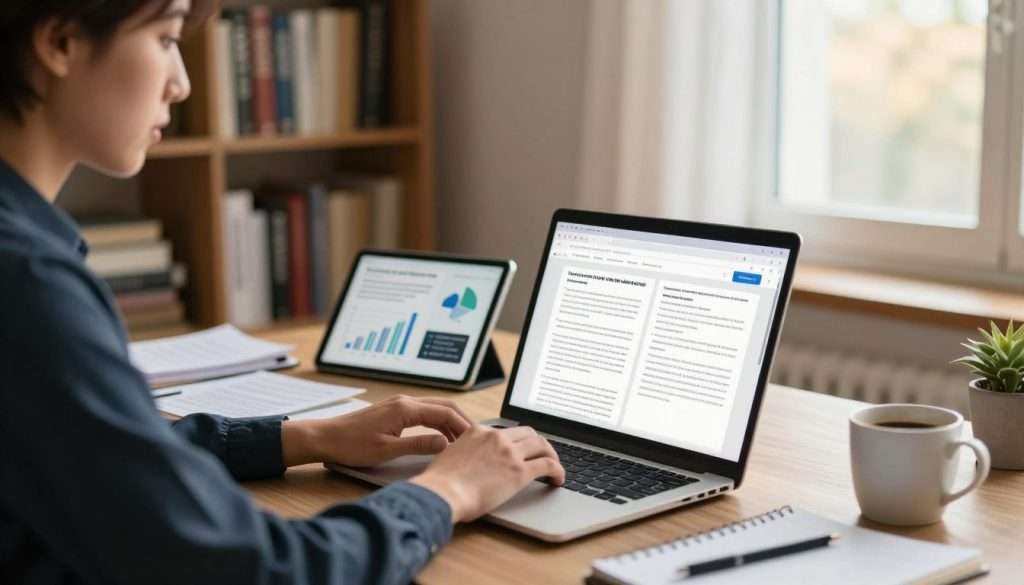 A cozy home office scene showcasing self-directed learning techniques. In the foreground, a person in professional business attire, focused on a laptop brimming with digital tools like e-books and research articles. Their expression conveys determination and curiosity. The middle layer includes a desk cluttered with notes, a tablet displaying interactive graphs, and a coffee cup, emphasizing a productive atmosphere. In the background, a soft-lit bookshelf filled with diverse books and a window allowing warm, natural light to flood the space, creating a serene environment. The overall mood is inspiring and motivational, promoting personal growth through independent research and exploration. The image should evoke a sense of empowerment and resourcefulness in learning. A cozy home office scene showcasing self-directed learning techniques. In the foreground, a person in professional business attire, focused on a laptop brimming with digital tools like e-books and research articles. Their expression conveys determination and curiosity. The middle layer includes a desk cluttered with notes, a tablet displaying interactive graphs, and a coffee cup, emphasizing a productive atmosphere. In the background, a soft-lit bookshelf filled with diverse books and a window allowing warm, natural light to flood the space, creating a serene environment. The overall mood is inspiring and motivational, promoting personal growth through independent research and exploration. The image should evoke a sense of empowerment and resourcefulness in learning.