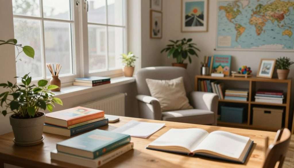 A cozy, inviting personal study space filled with natural light streaming through large windows, creating a warm ambiance. In the foreground, a wooden desk cluttered with colorful books, a potted plant, and an open journal, inviting curiosity. The middle ground features a comfortable armchair with soft cushions, surrounded by shelves filled with various educational materials and creative resources. In the background, a wall adorned with inspirational artwork and maps, reflecting exploration and discovery. The overall atmosphere is one of warmth, inspiration, and tranquility, perfect for nurturing creativity and learning. The image should be well-lit, focusing on soft diffused lighting that enhances the inviting feel of the environment, captured at a slightly elevated angle to encompass the entire scene. A cozy, inviting personal study space filled with natural light streaming through large windows, creating a warm ambiance. In the foreground, a wooden desk cluttered with colorful books, a potted plant, and an open journal, inviting curiosity. The middle ground features a comfortable armchair with soft cushions, surrounded by shelves filled with various educational materials and creative resources. In the background, a wall adorned with inspirational artwork and maps, reflecting exploration and discovery. The overall atmosphere is one of warmth, inspiration, and tranquility, perfect for nurturing creativity and learning. The image should be well-lit, focusing on soft diffused lighting that enhances the inviting feel of the environment, captured at a slightly elevated angle to encompass the entire scene.