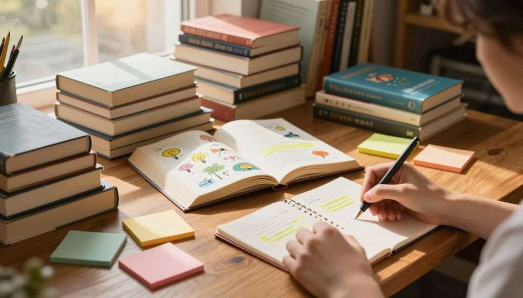 A cozy, inviting workspace filled with various books stacked neatly around a polished wooden desk. In the foreground, a pair of hands jot down notes on a notepad, surrounded by colorful sticky notes. The middle ground features an open book with vibrant illustrations and highlighted passages, symbolizing steal-worthy ideas. The background includes a bookshelf lined with diverse titles and a window letting in warm, golden-hour sunlight that casts soft shadows across the scene. The atmosphere is insightful and inspiring, encouraging the viewer to envision synthesizing these ideas into actionable plans. The image should focus on warmth and creativity, shot from a slight overhead angle to capture both the desk and the surrounding environment.