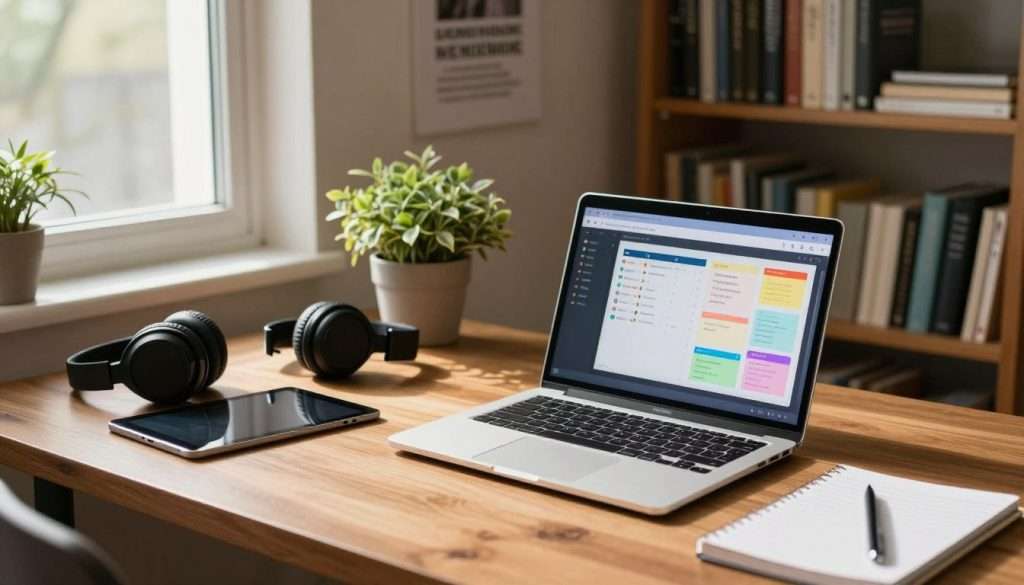 A cozy, organized study space illuminated by warm, natural light streaming through a window. In the foreground, a sleek laptop with open study apps displays a colorful digital planner and educational resources. Scattered on the polished wooden desk are a tablet, smart headphones, and a stylish planner. In the middle ground, a potted plant adds a touch of life, while a motivational poster subtly hangs on the wall. The background features bookshelves filled with neatly arranged textbooks and notebooks. The scene conveys a productive atmosphere, encouraging focus and creativity, captured from a slightly angled perspective to add depth to the composition.