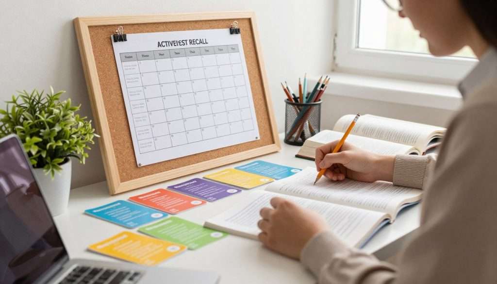 A cozy study environment depicting effective study habits focused on active recall and spaced repetition. In the foreground, a person in comfortable yet professional clothing sits at a well-organized desk, surrounded by colorful flashcards and open textbooks. They are thoughtfully reviewing notes with a pencil in hand. In the middle, a corkboard displays a spaced repetition schedule with neatly pinned reminders. A small plant adds a touch of greenery. In the background, soft natural light streams through a window, illuminating the scene and creating a warm atmosphere. The mood conveys concentration and enjoyment in learning, encouraging a positive approach to studying. Use a wide-angle lens to capture the whole setting, emphasizing the welcoming ambiance. A cozy study environment depicting effective study habits focused on active recall and spaced repetition. In the foreground, a person in comfortable yet professional clothing sits at a well-organized desk, surrounded by colorful flashcards and open textbooks. They are thoughtfully reviewing notes with a pencil in hand. In the middle, a corkboard displays a spaced repetition schedule with neatly pinned reminders. A small plant adds a touch of greenery. In the background, soft natural light streams through a window, illuminating the scene and creating a warm atmosphere. The mood conveys concentration and enjoyment in learning, encouraging a positive approach to studying. Use a wide-angle lens to capture the whole setting, emphasizing the welcoming ambiance.
