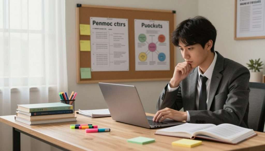 A cozy study environment showcasing effective study techniques illustrates the theme of avoiding common study pitfalls. In the foreground, a neatly organized desk is adorned with study materials: textbooks, colorful highlighters, and sticky notes. A thoughtful student, dressed in professional business attire, is focused on a laptop, taking notes. In the middle ground, a bulletin board displays visual reminders of study strategies like the Pomodoro technique and mind mapping. The background features a serene window with soft, natural light filtering through sheer curtains, creating a warm atmosphere. The mood is calm yet productive, encouraging focus and organization, emphasizing the importance of efficient study habits in a visually appealing layout.