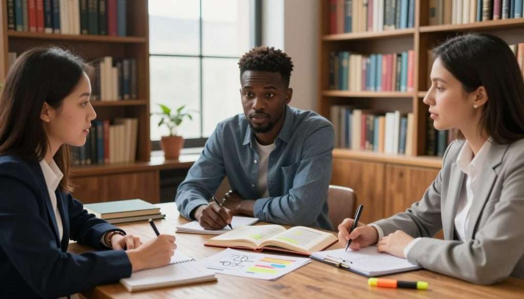 A cozy study room filled with bookshelves lined with colorful books. In the foreground, a diverse group of three individuals—one woman of Asian descent, one African American man, and one Caucasian woman—sits around a wooden table, deeply engaged in discussion. They are dressed in professional business attire, surrounded by notepads and highlighters. In the middle ground, an open book lies spread out, with diagrams and highlights illustrating various reading comprehension strategies, such as summarizing and questioning techniques. The background features a window with soft, natural light streaming in, creating a warm and inviting atmosphere. The mood is focused and collaborative, encouraging a deeper learning experience.