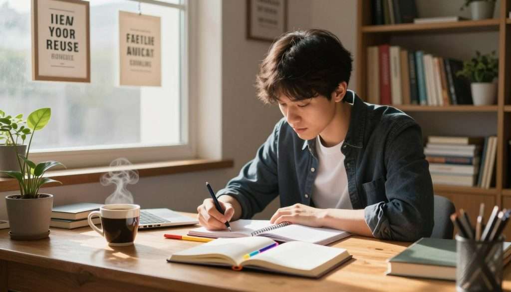 A cozy study space adorned with motivational elements. In the foreground, a neatly arranged wooden desk holds an open notebook with colorful pens and a steaming cup of coffee, radiating warmth. The middle ground features a student, dressed in a smart casual outfit, leaning over their studies with focused expression, illuminated by soft natural light coming from a nearby window. Surrounding them are inspirational quotes framed on the walls, along with plants that add a touch of life. In the background, a bookshelf filled with neatly organized books conveys knowledge and ambition. The overall atmosphere is calm yet energized, inviting a sense of productivity and motivation, ideal for overcoming fatigue and disinterest in studying. The lighting is warm, creating a serene yet inspiring ambiance. A cozy study space adorned with motivational elements. In the foreground, a neatly arranged wooden desk holds an open notebook with colorful pens and a steaming cup of coffee, radiating warmth. The middle ground features a student, dressed in a smart casual outfit, leaning over their studies with focused expression, illuminated by soft natural light coming from a nearby window. Surrounding them are inspirational quotes framed on the walls, along with plants that add a touch of life. In the background, a bookshelf filled with neatly organized books conveys knowledge and ambition. The overall atmosphere is calm yet energized, inviting a sense of productivity and motivation, ideal for overcoming fatigue and disinterest in studying. The lighting is warm, creating a serene yet inspiring ambiance.