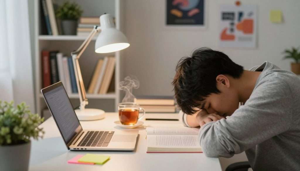 A cozy study space designed to promote effective study habits during times of exhaustion. In the foreground, a weary student in modest casual clothing is seated at a well-organized desk, with open textbooks and a laptop, surrounded by colorful sticky notes and a cup of steaming tea. The middle ground features a soft, warm desk lamp casting a gentle glow that creates an inviting atmosphere. In the background, a bookshelf filled with neatly stacked books, plants, and motivational posters enhances the environment. The image is shot with a shallow depth of field, emphasizing the student while softly blurring the background. The overall mood is serene yet focused, capturing the essence of overcoming distractions and fostering productivity in challenging moments. A cozy study space designed to promote effective study habits during times of exhaustion. In the foreground, a weary student in modest casual clothing is seated at a well-organized desk, with open textbooks and a laptop, surrounded by colorful sticky notes and a cup of steaming tea. The middle ground features a soft, warm desk lamp casting a gentle glow that creates an inviting atmosphere. In the background, a bookshelf filled with neatly stacked books, plants, and motivational posters enhances the environment. The image is shot with a shallow depth of field, emphasizing the student while softly blurring the background. The overall mood is serene yet focused, capturing the essence of overcoming distractions and fostering productivity in challenging moments.