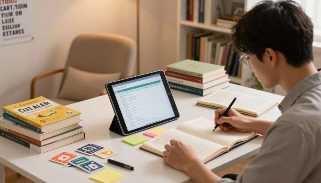 A cozy study space featuring a well-organized desk with an open notebook, colorful sticky notes, and a tablet displaying a study app. In the foreground, a young adult studying, dressed in smart casual attire, focused on creating a personalized study schedule. In the middle, an array of study materials like textbooks, flashcards, and a motivational poster on the wall emphasizing effective study techniques. The background shows a softly lit room with warm lighting, a comfortable chair, and a bookshelf filled with academic texts and personal development books. The mood is calm and productive, conveying the essence of studying smarter through active recall techniques.