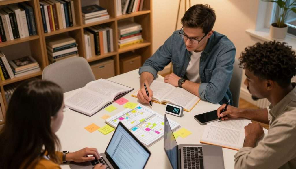 A cozy study space highlighting effective time management for a two-hour study session. In the foreground, a diverse group of three focused young adults, dressed in smart casual attire, are gathered around a table, engaged in discussions while reviewing notes and textbooks. One person checks a digital timer, symbolizing time management. In the middle, colorful sticky notes and a neatly arranged planner outline their structured workflow, with a laptop open displaying a productivity app. The background features a well-organized bookshelf filled with study materials, ambient lighting casting a warm glow, creating a motivating atmosphere. The angle captures the scene from above, giving a bird's-eye view of their study setup, emphasizing collaboration and concentration. A cozy study space highlighting effective time management for a two-hour study session. In the foreground, a diverse group of three focused young adults, dressed in smart casual attire, are gathered around a table, engaged in discussions while reviewing notes and textbooks. One person checks a digital timer, symbolizing time management. In the middle, colorful sticky notes and a neatly arranged planner outline their structured workflow, with a laptop open displaying a productivity app. The background features a well-organized bookshelf filled with study materials, ambient lighting casting a warm glow, creating a motivating atmosphere. The angle captures the scene from above, giving a bird's-eye view of their study setup, emphasizing collaboration and concentration.