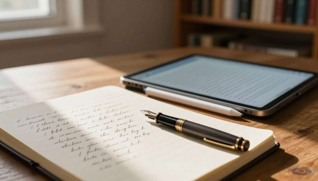 A cozy, warmly lit study scene depicting a comparison between handwritten notes and digital notes. In the foreground, a beautifully arranged handwritten notebook filled with elegant, flowing cursive, alongside a traditional fountain pen in deep focus. In the middle, a sleek tablet displaying a digital note-taking app, with a stylus resting beside it, partially open and glowing softly. In the background, a wooden bookshelf filled with books, and soft sunlight streaming through a nearby window, casting gentle shadows. The atmosphere is inviting and contemplative, capturing the tactile quality of handwriting versus the modernity of digital tools, emphasizing a balance between tradition and technology.