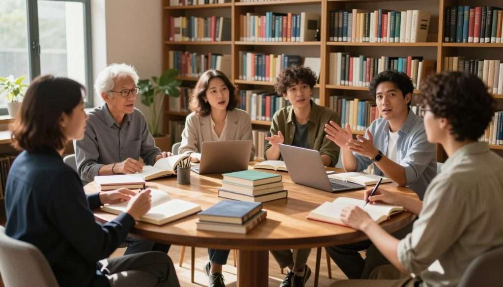 A cozy, well-lit library scene featuring a diverse group of adults engaged in enthusiastic discussions about books and learning. In the foreground, a woman in professional attire speaks passionately, while a man in modest casual clothing gestures animatedly. The middle ground shows a round wooden table piled with various books, notebooks, and laptops, with a soft light illuminating their pages. Bookshelves filled with colorful, well-organized books form the background, enhancing the feeling of intellectual abundance. The atmosphere is warm and inviting, with soft sunlight filtering through large windows, casting gentle shadows. This scene embodies a vibrant community of lifelong learners, dedicated to intellectual exploration and connection, creating an inviting space for growth and curiosity. A cozy, well-lit library scene featuring a diverse group of adults engaged in enthusiastic discussions about books and learning. In the foreground, a woman in professional attire speaks passionately, while a man in modest casual clothing gestures animatedly. The middle ground shows a round wooden table piled with various books, notebooks, and laptops, with a soft light illuminating their pages. Bookshelves filled with colorful, well-organized books form the background, enhancing the feeling of intellectual abundance. The atmosphere is warm and inviting, with soft sunlight filtering through large windows, casting gentle shadows. This scene embodies a vibrant community of lifelong learners, dedicated to intellectual exploration and connection, creating an inviting space for growth and curiosity.