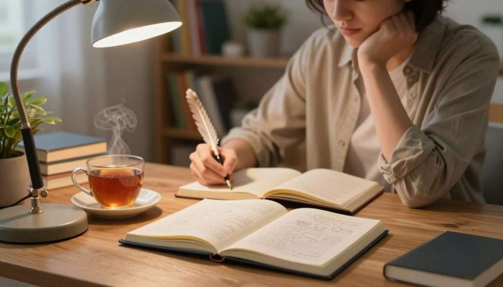 A cozy, well-lit study room filled with books and notes, capturing the essence of enhancing memory through note-taking. In the foreground, an open notebook lies on a wooden desk, filled with handwritten notes and sketches, radiating a warm, inviting glow from a nearby desk lamp. A cup of steaming tea rests beside the notebook, and a quill pen adds a vintage touch. In the middle ground, a person, dressed in modest casual clothing, intently writes in the notebook, absorbed in thought, with a serene expression that conveys focus and inspiration. The background features shelves lined with colorful books and soft potted plants, surrounded by warm, ambient lighting that creates a calm atmosphere, emphasizing the emotional context of learning and memory retention.