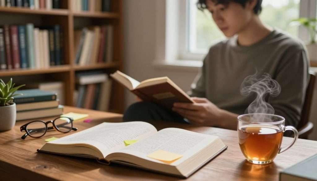 A cozy, well-lit study room filled with shelves of books. In the foreground, a wooden desk with an open book featuring handwritten annotations and colorful sticky notes. A pair of reading glasses rests nearby, and a steaming cup of tea adds warmth to the scene. In the middle, a person in modest casual clothing, deeply focused on reading, with a thoughtful expression. The background features a window allowing soft, natural light to illuminate the space, showcasing greenery outside. The atmosphere is inviting and contemplative, with an emphasis on the art of annotating books. The lighting creates a warm glow, enhancing the sense of a personal studying sanctuary. A cozy, well-lit study room filled with shelves of books. In the foreground, a wooden desk with an open book featuring handwritten annotations and colorful sticky notes. A pair of reading glasses rests nearby, and a steaming cup of tea adds warmth to the scene. In the middle, a person in modest casual clothing, deeply focused on reading, with a thoughtful expression. The background features a window allowing soft, natural light to illuminate the space, showcasing greenery outside. The atmosphere is inviting and contemplative, with an emphasis on the art of annotating books. The lighting creates a warm glow, enhancing the sense of a personal studying sanctuary.
