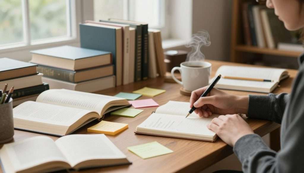 A cozy, well-lit study room in warm tones, featuring a large wooden desk cluttered with open books, handwritten notes, and colorful sticky notes. In the foreground, a pair of hands (wearing smart casual attire) holds a pen, poised over a blank notebook. The middle ground showcases a shelf filled with various books, some open with visible marginalia, while a steaming cup of coffee sits nearby, adding warmth to the scene. In the background, large windows let in soft, natural light, illuminating the space and giving it a serene atmosphere. The mood is focused and contemplative, emphasizing the art of note-taking and idea extraction from literature. The depth of field highlights the desk in sharp focus, while the background gently blurs.