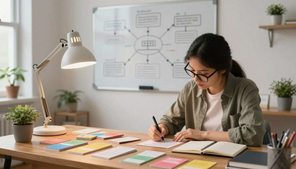 A cozy, well-lit study space featuring a wooden desk cluttered with colorful flashcards, a notepad, and a pen, symbolizing memorization exercises. In the foreground, a focused individual in smart casual attire, a young woman with glasses, is writing on a flashcard. In the middle background, a large wall-mounted whiteboard filled with mind maps and diagrams illustrating memorization techniques. Soft, warm lighting from a desk lamp creates an inviting atmosphere, while natural light filters in through a nearby window, casting gentle shadows. Potted plants add a touch of greenery, enhancing the serene yet productive mood, suggesting a space where practical memorization strategies come to life.