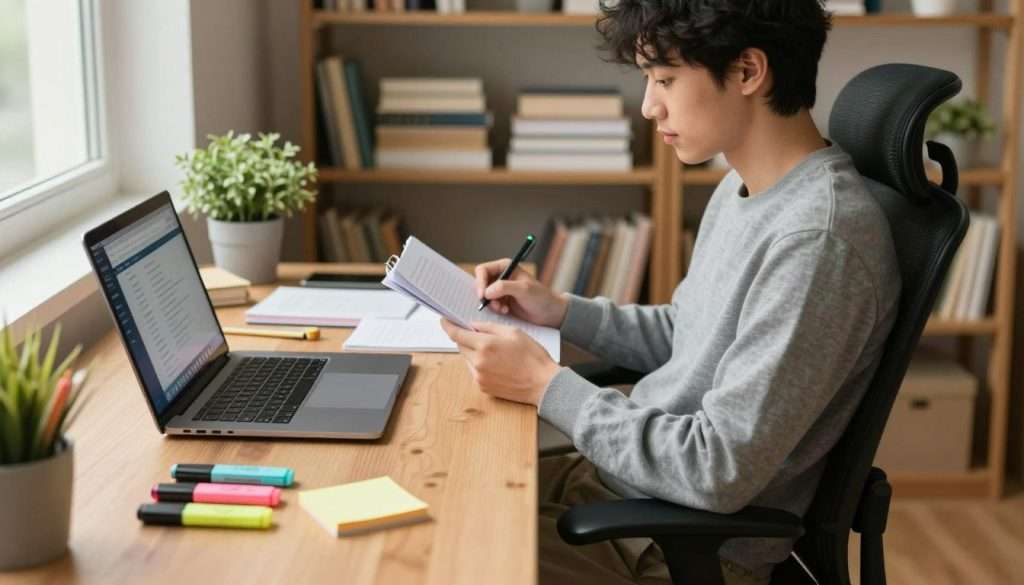 A cozy, well-organized study environment presenting efficient study methods. In the foreground, a wooden desk with neatly arranged stationery: colorful highlighters, sticky notes, and an open laptop displaying an online study platform. In the middle, a focused individual dressed in smart casual attire, seated comfortably in a modern ergonomic chair, reviewing notes with a look of concentration. The background features bookshelves filled with neatly stacked books and plants for a touch of greenery, complemented by warm, natural lighting streaming through a window, creating an inviting atmosphere. Capture this scene with a soft focus lens effect, highlighting the subject while maintaining clarity in the study tools, evoking a sense of productivity and comfort.
