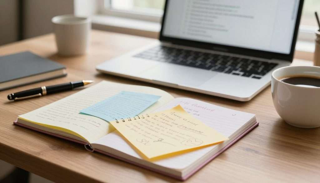 A desk scene showcasing an inviting study environment. In the foreground, a stack of neatly arranged handwritten notes in a variety of vibrant colors, some with underlined key points and doodles. Beside them, a classic fountain pen and a cup of coffee, adding a personal touch. In the middle ground, a laptop with a blurred digital screen showcasing typed notes, contrasting with the handwritten ones. In the background, a window with soft natural light pouring in, illuminating the space and creating a warm, focused atmosphere. The overall mood is productive and serene, emphasizing the benefits of handwritten notes versus digital typing. No humans are present, ensuring a clean, distraction-free composition. The angle is slightly elevated, giving a comprehensive view of the workspace. A desk scene showcasing an inviting study environment. In the foreground, a stack of neatly arranged handwritten notes in a variety of vibrant colors, some with underlined key points and doodles. Beside them, a classic fountain pen and a cup of coffee, adding a personal touch. In the middle ground, a laptop with a blurred digital screen showcasing typed notes, contrasting with the handwritten ones. In the background, a window with soft natural light pouring in, illuminating the space and creating a warm, focused atmosphere. The overall mood is productive and serene, emphasizing the benefits of handwritten notes versus digital typing. No humans are present, ensuring a clean, distraction-free composition. The angle is slightly elevated, giving a comprehensive view of the workspace.