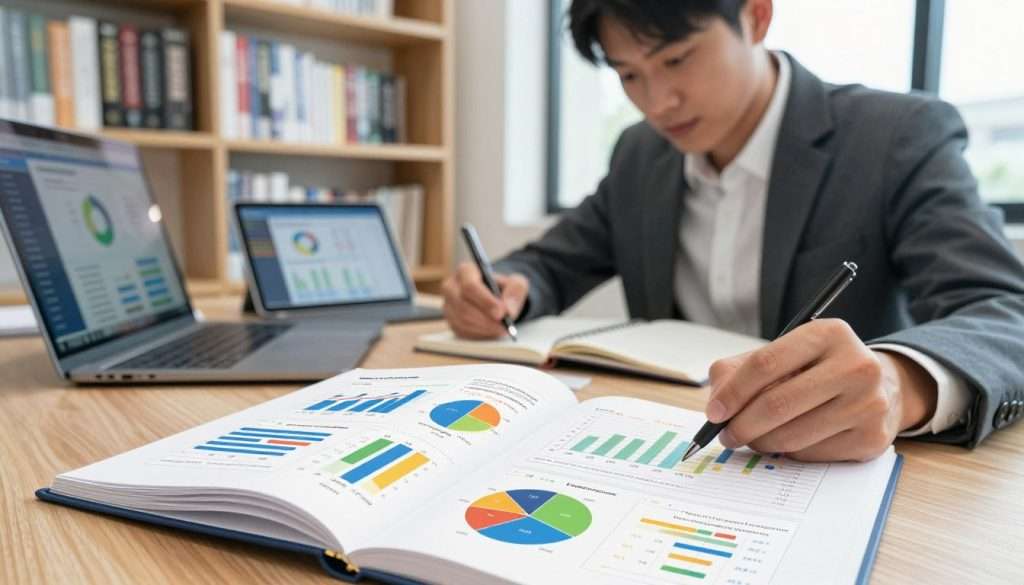A detailed and informative illustration of the Charting Method for data-heavy subjects. In the foreground, feature an open notebook filled with neatly organized charts and graphs, each one color-coded for clarity. The middle layer should depict a professional, focused student in smart business attire, analyzing the notebook and taking notes. Surround them with digital devices like a laptop and tablet displaying data visualizations. In the background, softly blurred shelves lined with textbooks and reference materials, adding depth to the study environment. The lighting should be bright and natural, coming from a nearby window, creating a productive and inspiring atmosphere. The composition should convey focus, organization, and a sense of academic diligence. A detailed and informative illustration of the Charting Method for data-heavy subjects. In the foreground, feature an open notebook filled with neatly organized charts and graphs, each one color-coded for clarity. The middle layer should depict a professional, focused student in smart business attire, analyzing the notebook and taking notes. Surround them with digital devices like a laptop and tablet displaying data visualizations. In the background, softly blurred shelves lined with textbooks and reference materials, adding depth to the study environment. The lighting should be bright and natural, coming from a nearby window, creating a productive and inspiring atmosphere. The composition should convey focus, organization, and a sense of academic diligence.