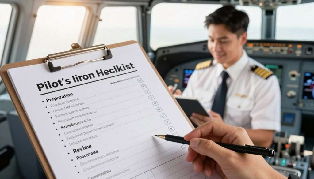 A detailed and organized pilot's checklist for learning anything faster, displayed on a clipboard. In the foreground, the checklist prominently features bullet points categorized under headings like "Preparation," "Practice," and "Review," with icons representing each category. In the middle ground, a friendly yet professional pilot wearing a crisp white shirt and tie is gazing at the checklist, taking notes. The background shows a bright and modern cockpit filled with aviation instruments, softly illuminated by warm, natural light coming from a side window, creating a motivating and focused atmosphere. The angle showcases an inviting perspective from slightly above, emphasizing the importance of the checklist in the learning process. The overall mood conveys clarity and determination, suitable for a professional setting. A detailed and organized pilot's checklist for learning anything faster, displayed on a clipboard. In the foreground, the checklist prominently features bullet points categorized under headings like "Preparation," "Practice," and "Review," with icons representing each category. In the middle ground, a friendly yet professional pilot wearing a crisp white shirt and tie is gazing at the checklist, taking notes. The background shows a bright and modern cockpit filled with aviation instruments, softly illuminated by warm, natural light coming from a side window, creating a motivating and focused atmosphere. The angle showcases an inviting perspective from slightly above, emphasizing the importance of the checklist in the learning process. The overall mood conveys clarity and determination, suitable for a professional setting.