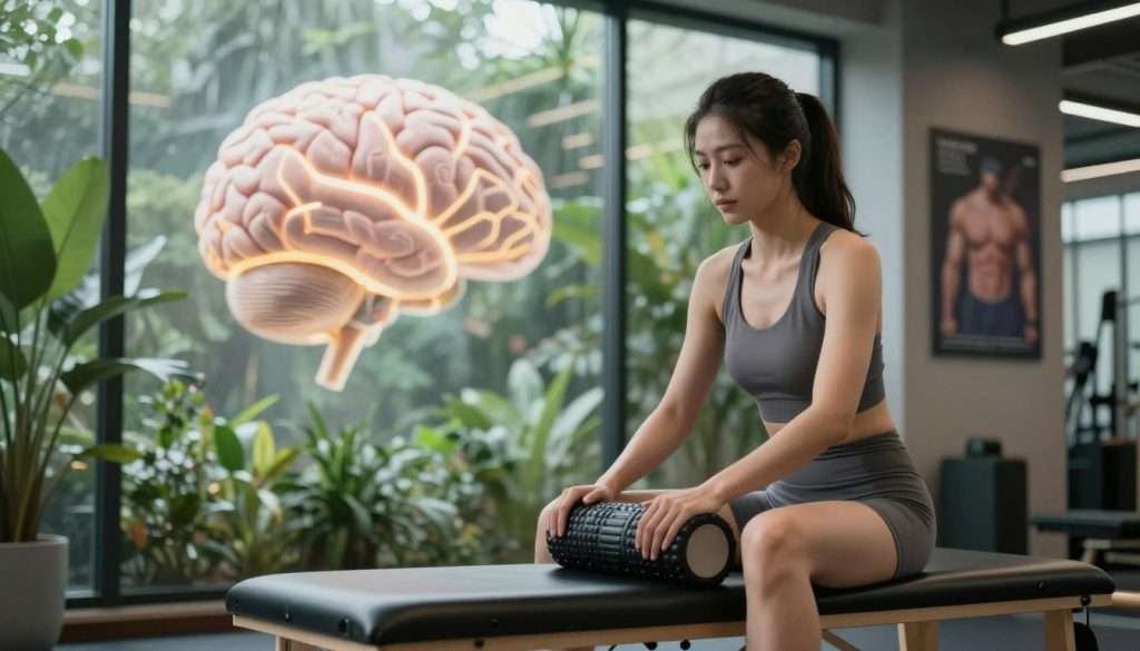 A determined athlete sitting on a recovery bench in a serene training facility, surrounded by lush greenery. In the foreground, the athlete, a young female wearing a fitted sports top and comfortable shorts, holds a foam roller, reflecting focus and concentration. In the middle ground, a soft, diffused light filters in through large windows, illuminating a large brain model with glowing neural pathways, symbolizing neural plasticity. The background hints at modern gym equipment, with inspirational posters on the walls subtly featuring brain and muscle imagery. The atmosphere conveys a sense of calm determination, focusing on the intersection of physical recovery and memory enhancement, framed in a dynamic yet tranquil environment. The image captures the essence of an athlete harnessing recovery to improve cognitive strength, shot from a low angle to emphasize the athlete’s commitment. A determined athlete sitting on a recovery bench in a serene training facility, surrounded by lush greenery. In the foreground, the athlete, a young female wearing a fitted sports top and comfortable shorts, holds a foam roller, reflecting focus and concentration. In the middle ground, a soft, diffused light filters in through large windows, illuminating a large brain model with glowing neural pathways, symbolizing neural plasticity. The background hints at modern gym equipment, with inspirational posters on the walls subtly featuring brain and muscle imagery. The atmosphere conveys a sense of calm determination, focusing on the intersection of physical recovery and memory enhancement, framed in a dynamic yet tranquil environment. The image captures the essence of an athlete harnessing recovery to improve cognitive strength, shot from a low angle to emphasize the athlete’s commitment.