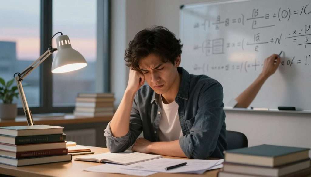 A determined figure seated at a cluttered desk, furrowed brow expression conveying focused frustration, surrounded by stacks of books and scattered notes. In the foreground, a hand reaching towards a challenging equation on a whiteboard symbolizes the struggle of overcoming mental obstacles. The middle ground showcases a warm desk lamp casting a soft glow, creating an intimate study atmosphere. In the background, a window reveals a cityscape at dusk, the fading light representing the transition from frustration to eventual clarity. The overall mood is one of resilience and contemplation, captured with a soft focus lens to enhance the introspective feel, while vibrant colors create a sense of hope and determination amidst the cognitive load.