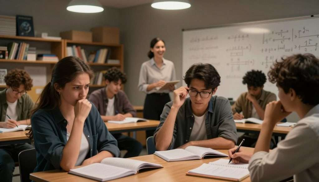 A dimly lit classroom setting, with a diverse group of students visibly engaged in a challenging group activity. In the foreground, a young woman in smart casual attire bites her lip in concentration, showing a mix of frustration and determination. Next to her, a young man adjusts his glasses, deep in thought, surrounded by open notebooks and math problems on a whiteboard filled with complex equations. The middle ground features a teacher standing encouragingly, offering guidance, with a warm, supportive expression. The background contains shelves filled with educational materials and books, softly illuminated by warm overhead lights, creating a cozy yet focused atmosphere. The overall mood conveys an inspiring sense of productive struggle, emphasizing the discomfort that comes before breakthroughs in learning.