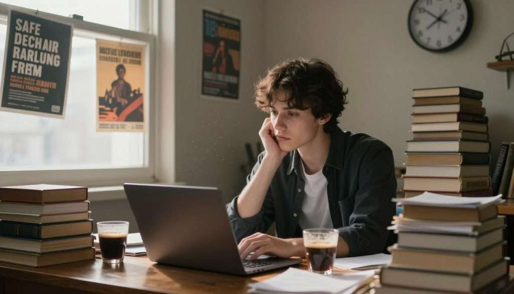 A dimly lit study room, cluttered with textbooks and notes scattered across a wooden desk. In the foreground, a young adult, dressed in smart casual attire, sits with a pensive expression, staring blankly at a laptop. A cup of coffee slowly cooling beside them, signifying their hesitance to start studying. Soft, warm light filters in through a window, illuminating dust particles in the air, creating a contemplative atmosphere. In the background, motivational posters hang crookedly on the walls, hinting at the struggle between aspiration and perfectionism. A clock on the wall shows time slipping away, while a forgotten stack of unread books looms larger, symbolizing the weight of unattainable goals and the barrier of perfectionism. The scene captures an introspective mood, highlighting the challenges of starting amidst pressure.