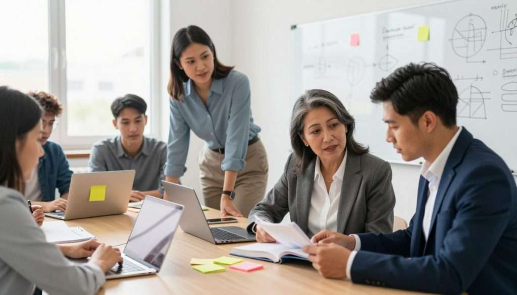 A diverse group of adult students engaged in active learning strategies inside a modern classroom. In the foreground, a middle-aged woman is collaborating with a younger man over an open textbook, both dressed in professional business attire. In the middle, another group is seated at a table, discussing and sharing ideas, with colorful sticky notes and laptops spread out. The background features a large whiteboard filled with diagrams and notes, bright natural light streaming in through large windows, creating an inspiring atmosphere. The mood is energetic and focused, emphasizing teamwork, creativity, and engagement in the learning process. The image should be bright and well-lit, capturing a sense of motivation and camaraderie among the students. A diverse group of adult students engaged in active learning strategies inside a modern classroom. In the foreground, a middle-aged woman is collaborating with a younger man over an open textbook, both dressed in professional business attire. In the middle, another group is seated at a table, discussing and sharing ideas, with colorful sticky notes and laptops spread out. The background features a large whiteboard filled with diagrams and notes, bright natural light streaming in through large windows, creating an inspiring atmosphere. The mood is energetic and focused, emphasizing teamwork, creativity, and engagement in the learning process. The image should be bright and well-lit, capturing a sense of motivation and camaraderie among the students.
