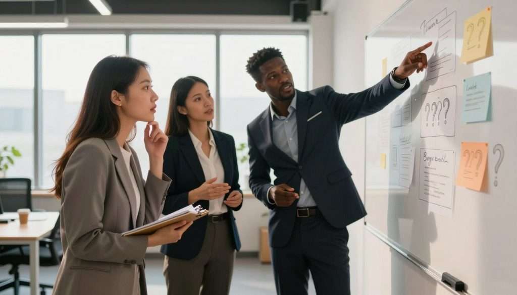 A diverse group of three professionals engaged in a collaborative brainstorming session in a modern office environment. In the foreground, a woman of Asian descent, dressed in a smart casual outfit, leans forward, with a thoughtful expression, holding a notepad. Beside her, a Black man in a sharp business suit points to a whiteboard filled with colorful diagrams and question prompts. In the middle, a Hispanic woman dressed in professional attire gestures, encouraging discussion. The background features large windows, allowing natural light to flood the space, creating a warm atmosphere. Soft shadows enhance the depth of the scene, emphasizing the dynamics of effective questioning and collaboration. The overall mood is inspiring and focused, reflecting creativity and intellectual engagement. A diverse group of three professionals engaged in a collaborative brainstorming session in a modern office environment. In the foreground, a woman of Asian descent, dressed in a smart casual outfit, leans forward, with a thoughtful expression, holding a notepad. Beside her, a Black man in a sharp business suit points to a whiteboard filled with colorful diagrams and question prompts. In the middle, a Hispanic woman dressed in professional attire gestures, encouraging discussion. The background features large windows, allowing natural light to flood the space, creating a warm atmosphere. Soft shadows enhance the depth of the scene, emphasizing the dynamics of effective questioning and collaboration. The overall mood is inspiring and focused, reflecting creativity and intellectual engagement.