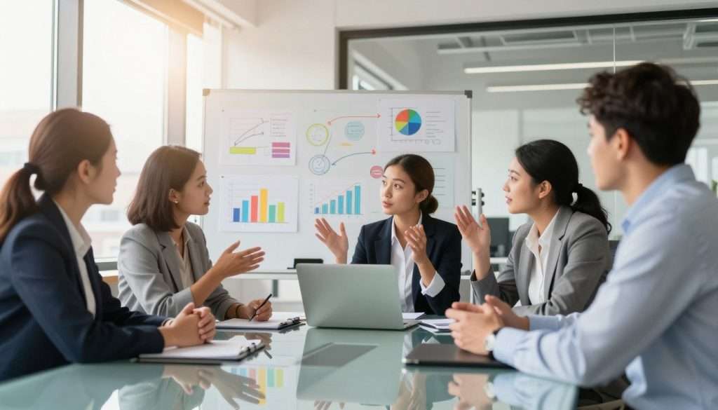 A dynamic scene depicting a professional office environment focusing on the theme of curiosity as a tool for growth. In the foreground, a diverse group of business professionals—two women and one man—are engaged in an animated discussion around a modern glass conference table, showcasing body language that exudes enthusiasm and engagement. In the middle ground, a large whiteboard filled with colorful charts and diagrams illustrates ideas related to innovation and learning. The background captures a bright, open office space with large windows allowing natural light to flood in, creating a warm atmosphere. Soft shadows and the lens effect add depth to the scene. The mood is inspiring and intellectually stimulating, reflecting the importance of curiosity in enhancing professional intelligence and collaboration. A dynamic scene depicting a professional office environment focusing on the theme of curiosity as a tool for growth. In the foreground, a diverse group of business professionals—two women and one man—are engaged in an animated discussion around a modern glass conference table, showcasing body language that exudes enthusiasm and engagement. In the middle ground, a large whiteboard filled with colorful charts and diagrams illustrates ideas related to innovation and learning. The background captures a bright, open office space with large windows allowing natural light to flood in, creating a warm atmosphere. Soft shadows and the lens effect add depth to the scene. The mood is inspiring and intellectually stimulating, reflecting the importance of curiosity in enhancing professional intelligence and collaboration.