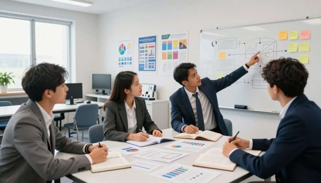 A dynamic scene set in a well-lit modern classroom designed for active learning. In the foreground, a diverse group of three students, dressed in professional business attire, engage around a large table filled with notes, charts, and open textbooks. One student is pointing to a whiteboard displaying colorful diagrams and sticky notes that represent different theories. The middle ground features educational posters and interactive learning tools on the walls, fostering an atmosphere of collaboration and critical thinking. In the background, a large window allows natural light to flood the space, giving it an inviting feel. The mood is energetic and focused, highlighting the importance of testing theories through collaborative discussion. The angle of the image is slightly elevated to capture the interaction among the students and the immersive classroom environment.
