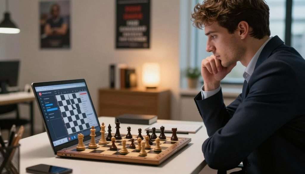 A focused individual, dressed in professional business attire, sits at a modern desk, deeply engrossed in a game of chess. In the foreground, a sleek laptop displays chess software with interactive features, highlighting the integration of technology in mastering skills. The middle ground features a chessboard with intricately designed pieces, strategically positioned to convey a moment of contemplation. In the background, a softly lit, contemporary office is adorned with motivational posters and books on strategy and skill acquisition, creating an atmosphere of determination and growth. Warm, ambient lighting enhances the sense of focus and dedication, while a slight depth of field blurs the background, drawing attention to the chess game and the individual’s intense concentration on mastering new skills through technology. A focused individual, dressed in professional business attire, sits at a modern desk, deeply engrossed in a game of chess. In the foreground, a sleek laptop displays chess software with interactive features, highlighting the integration of technology in mastering skills. The middle ground features a chessboard with intricately designed pieces, strategically positioned to convey a moment of contemplation. In the background, a softly lit, contemporary office is adorned with motivational posters and books on strategy and skill acquisition, creating an atmosphere of determination and growth. Warm, ambient lighting enhances the sense of focus and dedication, while a slight depth of field blurs the background, drawing attention to the chess game and the individual’s intense concentration on mastering new skills through technology.