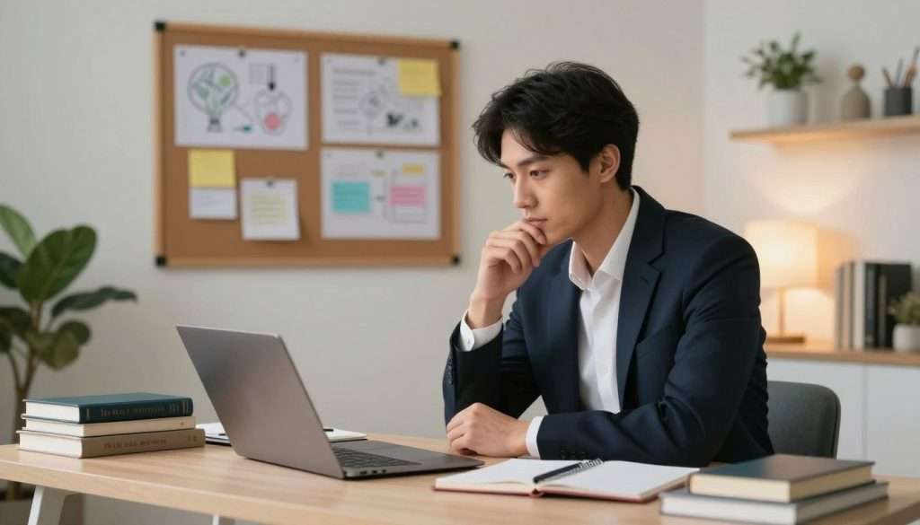 A focused individual engaged in deep cognitive activity sits at a modern desk filled with books, notepads, and a laptop, surrounded by a calm, organized workspace. In the foreground, the person, dressed in professional business attire, is illustrated from a slight side angle, with a thoughtful expression, their hand resting on their chin. The middle ground features an inspiring vision board with diagrams and notes pinned on a wall, symbolizing creativity and strategic thinking. In the background, soft ambient lighting illuminates the room, creating a productive and engaging atmosphere, with a plant in the corner adding a touch of nature. The overall mood conveys concentration, insight, and the power of active learning.