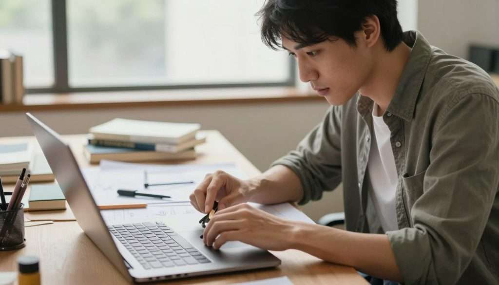 A focused individual in a professional setting, deeply engaged in a hands-on learning activity, showcasing mastery of a new skill. The foreground features a close-up of their hands working with tools or a laptop, symbolizing practical application and iterative improvement. In the middle, a workspace is organized with books, blueprints, and materials scattered around, demonstrating an environment of exploration and growth. The background reveals a large window allowing natural light to flood in, casting soft shadows that enhance the atmosphere. The mood is one of concentration and enthusiasm, with a warm color palette creating an inviting scene. Capture the essence of determination and the journey of learning in a balanced composition, shot from a slightly elevated angle to encompass the workspace's depth. The individual is dressed in modest casual clothing, presenting a professional yet approachable demeanor. A focused individual in a professional setting, deeply engaged in a hands-on learning activity, showcasing mastery of a new skill. The foreground features a close-up of their hands working with tools or a laptop, symbolizing practical application and iterative improvement. In the middle, a workspace is organized with books, blueprints, and materials scattered around, demonstrating an environment of exploration and growth. The background reveals a large window allowing natural light to flood in, casting soft shadows that enhance the atmosphere. The mood is one of concentration and enthusiasm, with a warm color palette creating an inviting scene. Capture the essence of determination and the journey of learning in a balanced composition, shot from a slightly elevated angle to encompass the workspace's depth. The individual is dressed in modest casual clothing, presenting a professional yet approachable demeanor.