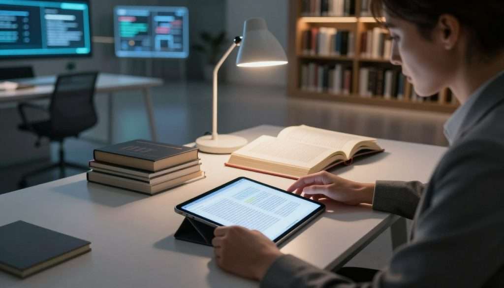 A focused individual in professional attire, seated at a sleek modern desk surrounded by advanced reading technology. The foreground features a digital tablet displaying highlighted text, emitting a soft glow. In the middle, there is a stack of open books, with a smart reading lamp illuminating the pages and casting warm light. The background showcases a futuristic library filled with digital screens and bookshelves, blending traditional elements with high-tech features. The scene is captured from a slight overhead angle, conveying a sense of dynamism and innovation. Soft, ambient lighting enhances the atmosphere, creating a blend of inspiration and productivity, emphasizing the theme of leveraging technology to enhance reading speed. A focused individual in professional attire, seated at a sleek modern desk surrounded by advanced reading technology. The foreground features a digital tablet displaying highlighted text, emitting a soft glow. In the middle, there is a stack of open books, with a smart reading lamp illuminating the pages and casting warm light. The background showcases a futuristic library filled with digital screens and bookshelves, blending traditional elements with high-tech features. The scene is captured from a slight overhead angle, conveying a sense of dynamism and innovation. Soft, ambient lighting enhances the atmosphere, creating a blend of inspiration and productivity, emphasizing the theme of leveraging technology to enhance reading speed.