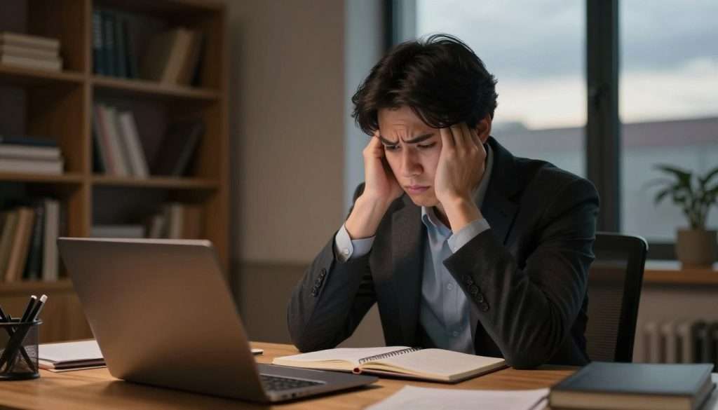 A focused individual in professional attire sits at a wooden desk, surrounded by notebooks and a laptop, visually grappling with the concept of a learning plateau. In the foreground, the person's expression conveys deep thought, with furrowed brows and a slight frown, embodying the emotional discomfort of stagnation in learning. The middle layer features a softly illuminated room, filled with shelves of books, symbolizing knowledge and perseverance. In the background, a window reveals an overcast sky, reflecting the mood of uncertainty, yet hinting at the promise of brighter days. Warm, diffuse lighting enhances the atmosphere of reflection and determination, creating a sense of hope amid the struggle. The angle is slightly above eye level, drawing the viewer into this quiet moment of introspection and resilience.