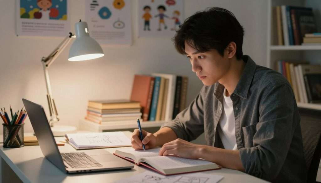 A focused individual seated at a modern desk, surrounded by open books, a laptop, and various learning materials. The foreground features a close-up of this person, dressed in smart casual attire, with an expression of determination and curiosity. The middle layer reveals a softly glowing desk lamp casting warm light over notes and diagrams, creating a cozy study atmosphere. In the background, shelves filled with books and educational posters artfully arranged enhance the sense of an inspiring learning environment. The lighting emphasizes a warm, inviting mood, suggesting an atmosphere ripe for creativity and knowledge acquisition. The scene captures the essence of self-directed learning and the pursuit of mastering new skills independently, without any distractions or unnecessary elements. A focused individual seated at a modern desk, surrounded by open books, a laptop, and various learning materials. The foreground features a close-up of this person, dressed in smart casual attire, with an expression of determination and curiosity. The middle layer reveals a softly glowing desk lamp casting warm light over notes and diagrams, creating a cozy study atmosphere. In the background, shelves filled with books and educational posters artfully arranged enhance the sense of an inspiring learning environment. The lighting emphasizes a warm, inviting mood, suggesting an atmosphere ripe for creativity and knowledge acquisition. The scene captures the essence of self-directed learning and the pursuit of mastering new skills independently, without any distractions or unnecessary elements.