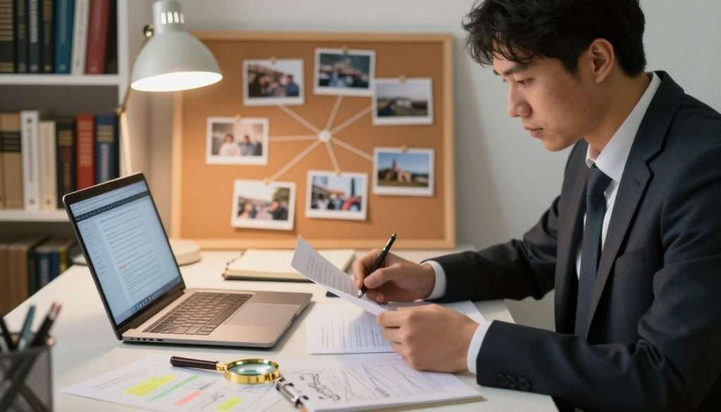 A focused investigative journalist sitting at a well-organized desk, engrossed in analyzing printed documents and digital evidence. In the foreground, scattered papers with highlighted notes, a laptop displaying a connected web of information, and a magnifying glass alongside a notepad filled with sketches. The middle ground features a corkboard with interconnected strings and pinned photographs, showcasing a visual mind map. The background shows bookshelves lined with journalism textbooks and a soft glow from a desk lamp, creating a warm and enlightening atmosphere. The scene is captured with a shallow depth of field, emphasizing the journalist in professional business attire against a slightly blurred environment. The lighting is warm, inviting, and thoughtful, conveying a sense of diligence and thorough investigation. A focused investigative journalist sitting at a well-organized desk, engrossed in analyzing printed documents and digital evidence. In the foreground, scattered papers with highlighted notes, a laptop displaying a connected web of information, and a magnifying glass alongside a notepad filled with sketches. The middle ground features a corkboard with interconnected strings and pinned photographs, showcasing a visual mind map. The background shows bookshelves lined with journalism textbooks and a soft glow from a desk lamp, creating a warm and enlightening atmosphere. The scene is captured with a shallow depth of field, emphasizing the journalist in professional business attire against a slightly blurred environment. The lighting is warm, inviting, and thoughtful, conveying a sense of diligence and thorough investigation.