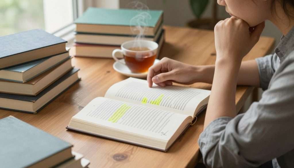 A focused literary analysis scene featuring a thoughtful individual seated at an oak desk, surrounded by classic literature books. The foreground highlights an open book with highlighted passages and scribbled notes, providing a sense of engagement with the text. In the middle ground, a stack of various novels and a steaming cup of tea add to the atmosphere of study. In the background, soft natural light filters through a window, creating a warm, inviting ambiance. The person is dressed in modest casual clothing, reflecting concentration and curiosity. The scene conveys a mood of introspection and intellectual discovery, ideal for a segment on studying dialogue and subtext in literature. The composition is captured from a slight overhead angle, emphasizing the depth of engagement with the material. A focused literary analysis scene featuring a thoughtful individual seated at an oak desk, surrounded by classic literature books. The foreground highlights an open book with highlighted passages and scribbled notes, providing a sense of engagement with the text. In the middle ground, a stack of various novels and a steaming cup of tea add to the atmosphere of study. In the background, soft natural light filters through a window, creating a warm, inviting ambiance. The person is dressed in modest casual clothing, reflecting concentration and curiosity. The scene conveys a mood of introspection and intellectual discovery, ideal for a segment on studying dialogue and subtext in literature. The composition is captured from a slight overhead angle, emphasizing the depth of engagement with the material.